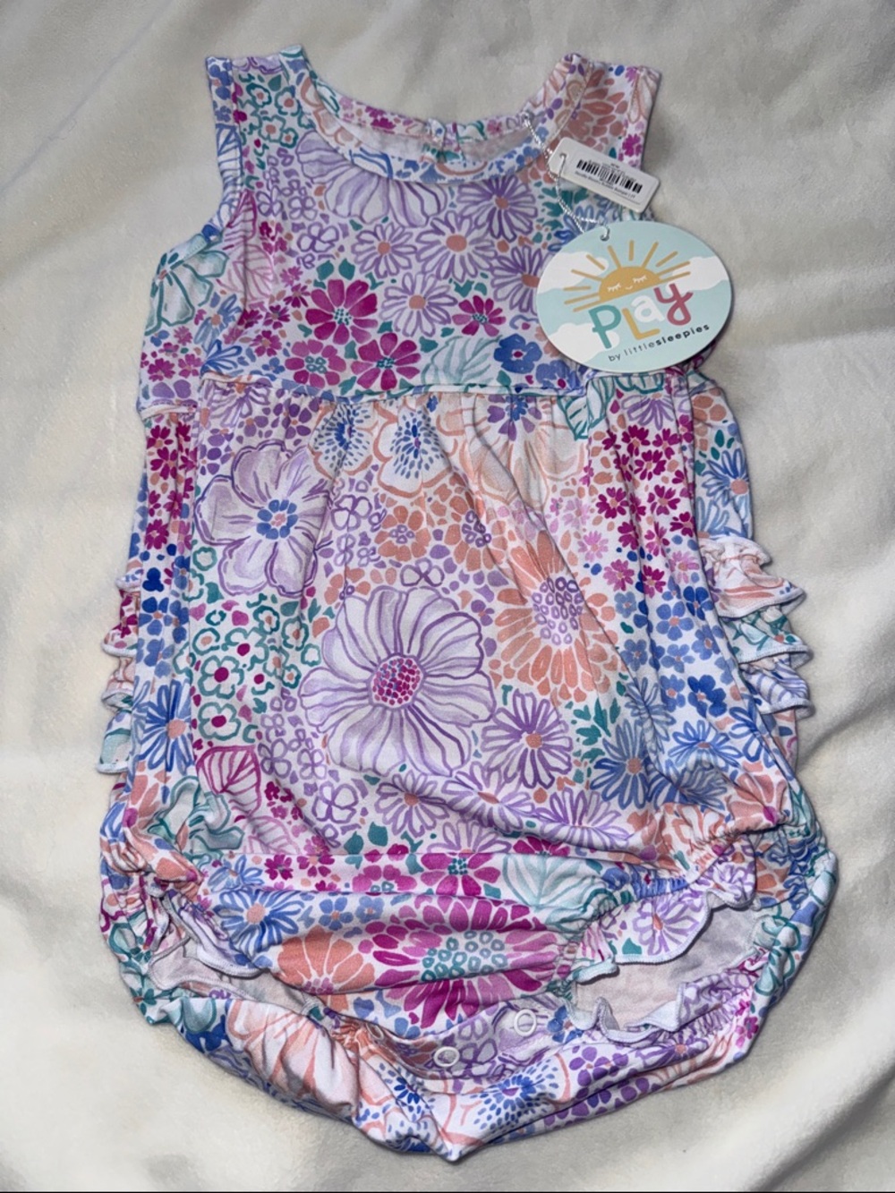 Little Sleepies Pastel Floral Ruffle Bubble Romper Purple & Peach & Blue 2T